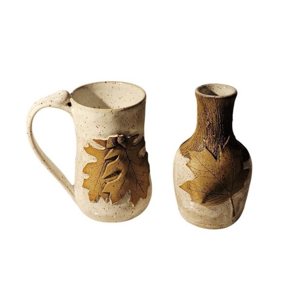 Handmade Studio Pottery Bud Vase & Mug Maple Leaf Design Signed PRP Speckle - Picture 2 of 14